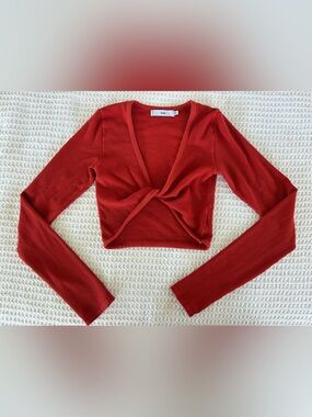 Adika Red Twist-Front Ribbed Long-Sleeve Crop Top